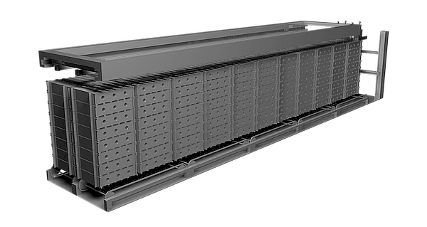 Wechselstation von Innen: Rahmen in Container-Größe mit Modul-Racks und automatischer Wechselmechanik.